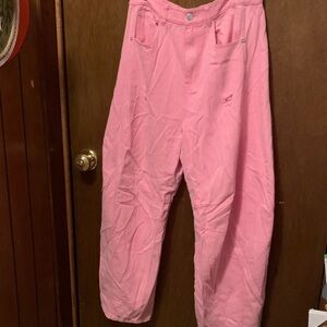 Cropped Pink distressed wide leg jeans